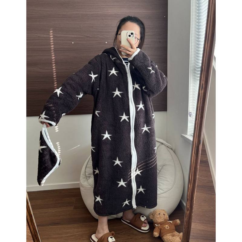 Women's Striped Fleece Hooded Robe, Thickened Warm Flannel Coral Velvet Loungewear Pajama Sets