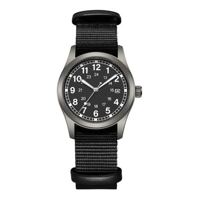 Militair-stijl herenhorloge met nylon band, waterdicht, lichtgevende wijzers, analoge wijzerplaat, kalender, militair veldgebruik.