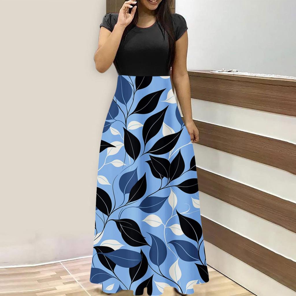 Women's Fashion Casual Loose Printed Round Neck Short Sleeve Long Dresses Short Sleeve Long Dresses