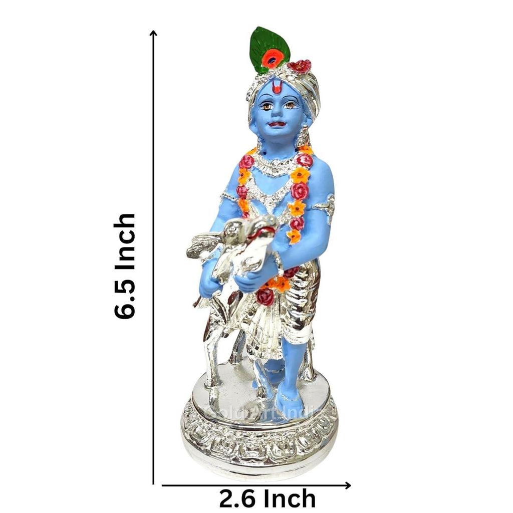Indyjski Idol Kryszny do Domu Posrebrzany Niebieski Terakota Krowa Idol Kryszny Laddu Gopal