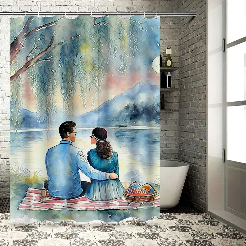 Romantic Couple By The Lake Waterproof Shower Curtain