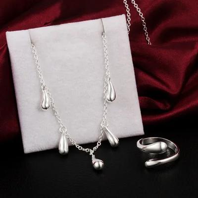 Charm Woman Party Wedding Jewelry Sets   Copper Water Drop Rings Necklace Set Classic Fashion Lady Christmas Gifts