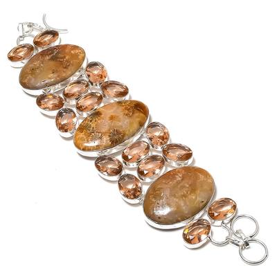 Natural Fossil Coral, Morganite Gemstone 925 Sterling Silver Bracelet 7-8" w8U18