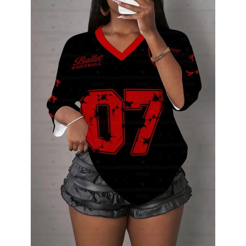 Summer Women's 3D Print V-Neck Short Sleeve T-Shirt Summer Graphic Tee Football Jerseys Plus Size Sport T-Shirt Tops