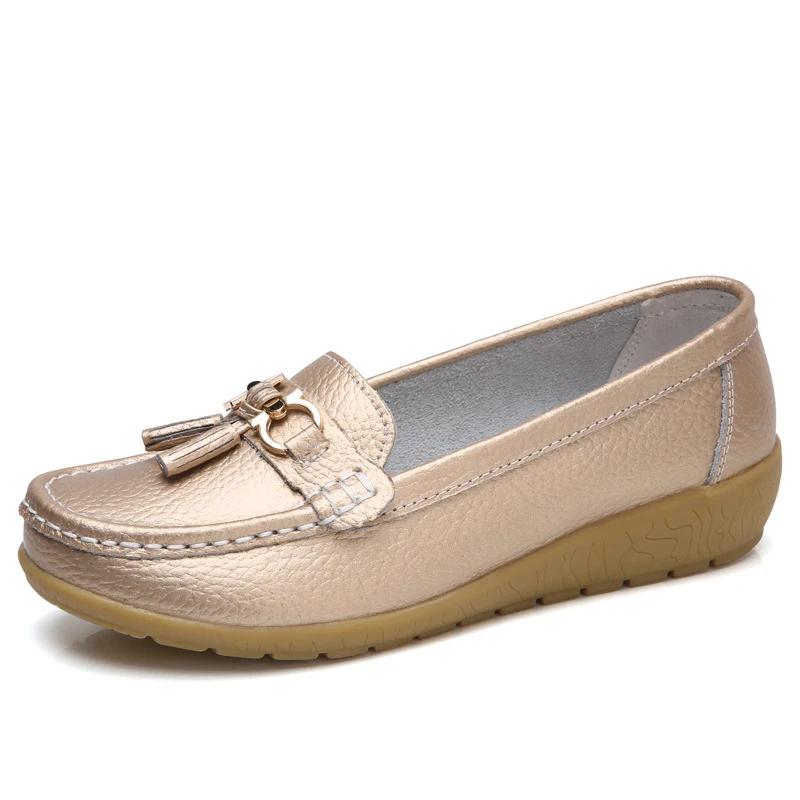 Damen Ballerinas Mode Echtes Leder Keilabsatz Retro Damenschuh Quaste Damen Loafers Slip On Weiche Damen Mokassins Übergröße
