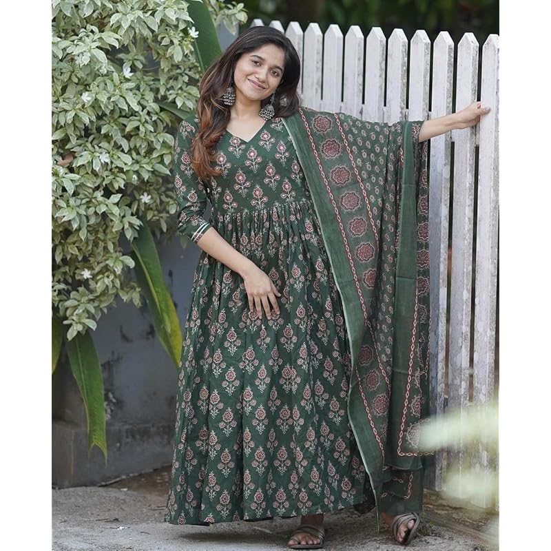 Nermosa Viscose Women Printed Flared A-Line Kurta with Pant and Dupatta Suit Set | Kurta Set (IN, Alpha, 2XL, Green) 2XL зелёный