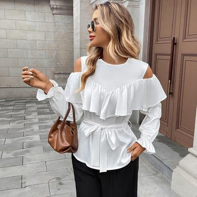 Neuer Herbststil Elegantes Langarm-Rüschen-Off-Shoulder-Träger-Rundhals-Shirt Damenoberteile