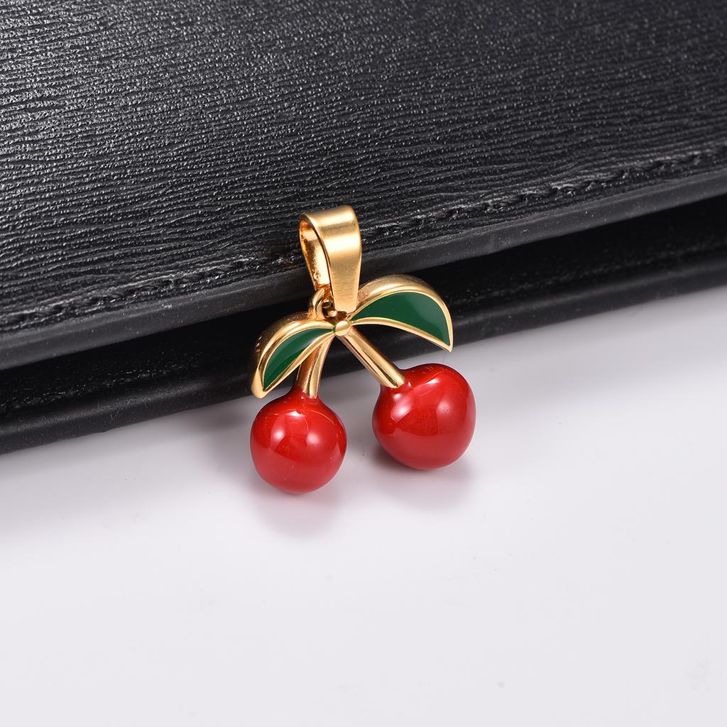 Sweet Stainless Steel Enamel Cherry Pendant Necklace for Women Men DIY Charms Chain Wedding Metal Jewelry Making Accessories