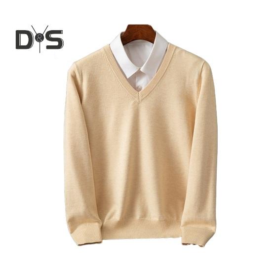 

Мужской свитер осень-зима, имитация двухкомпонентной рубашки в стиле пэчворк, отложной воротник, V-образный вырез, длинные рукава, эластичный, чистый цвет, облегающий теплый трикотаж M бежевый