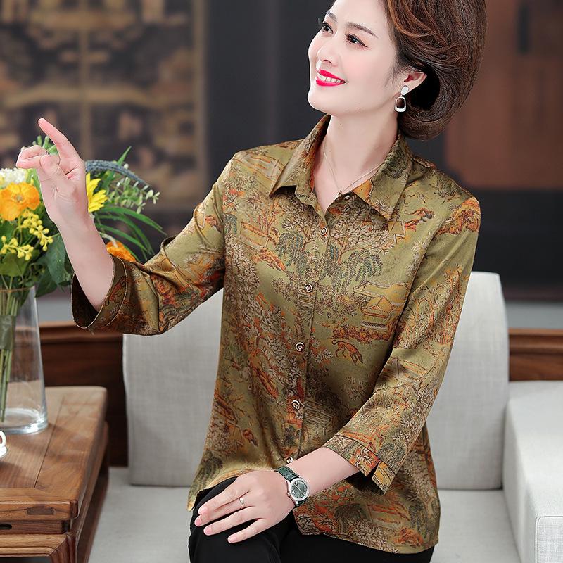 

Mulberry Silk Retro Print Shirt for Women, Spring/Summer, 3/4 Sleeves, Loose, Stylish, for Middle-Aged & Elderly. 4XL (Recommended 135-150 jin) желто-зеленый