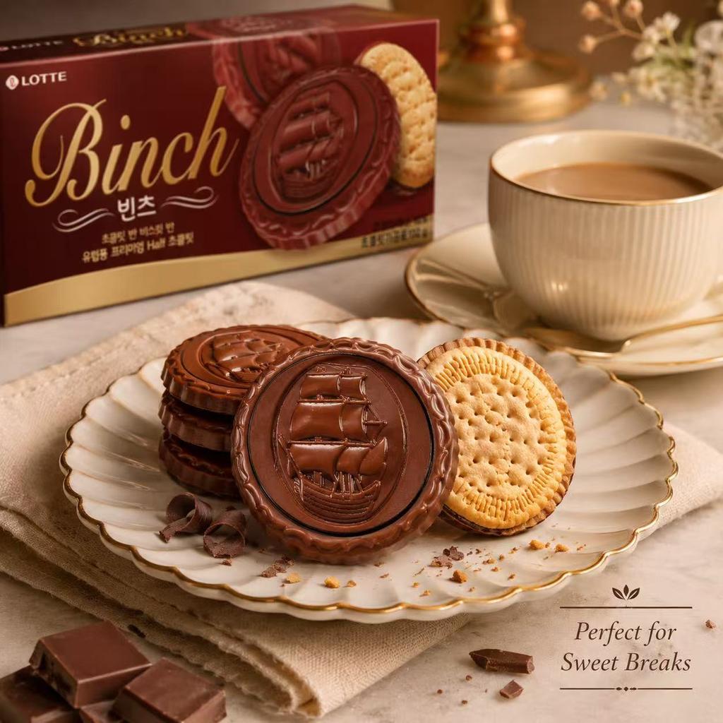 Galletas de Chocolate Compuesto Binch Lotte 102g | Recubrimiento de Chocolate Sedoso, Núcleo de Galleta Crujiente, Dulzor Moderado