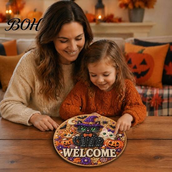 Beginner Friendly Door Sign Kit Halloween Faux Pearl Kit, Ghost Skull Skeleton Cat Welcome Decorative Painting Crafts Handmade Arts for Wall