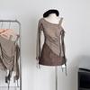 Herbst Frau Unregelmäßige Design Trikots Gyaru Langarm Cropped Tops Slash Neck Pullover Y2k Streetwear 2000er Jahre Ästhetische Vintage