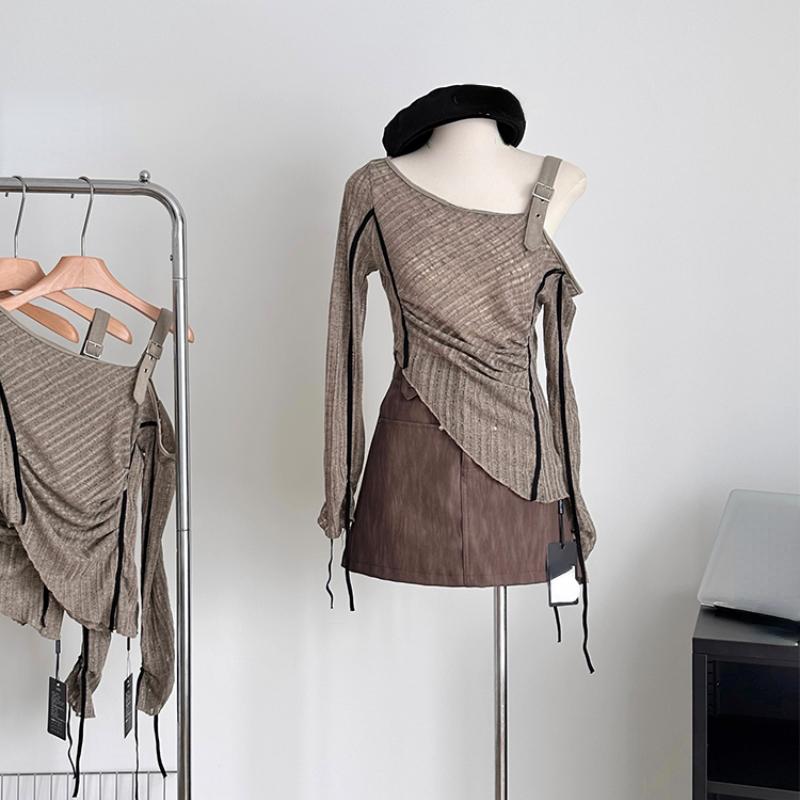 Herbst Frau Unregelmäßige Design Trikots Gyaru Langarm Cropped Tops Slash Neck Pullover Y2k Streetwear 2000er Jahre Ästhetische Vintage