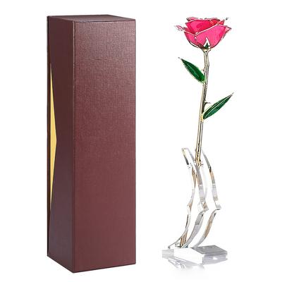 Rosa de Tallo Largo Bañada en Oro de 24k en Caja de Regalo con Soporte (Rosa Rosa con Soporte)