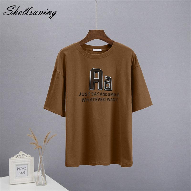 Bavlněná trička Shellsuning Oversized Dámské Léto S krátkým rukávem Trička s 3D potiskem dopisů Dámské Běžné Volné High Street Basic Tops