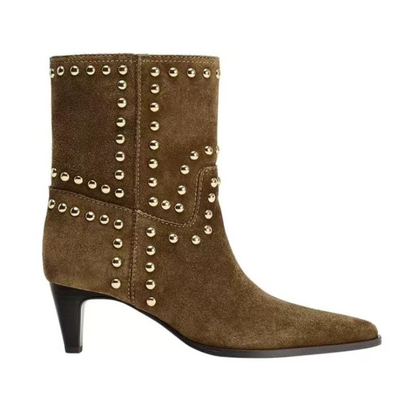 New Style Popular Autumn and Winter Rivet Fashion High Heel Pointed Loose Boots Women's Cowhide Knee High Sleeve Oversized Boots