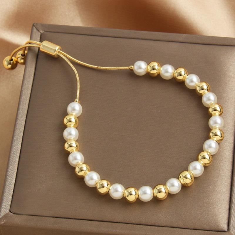 Pearl Stacked Bracelet, 18k Gold Plated, Pull-through Adjustable Bangle, Fashionable and Exquisite Jewelry