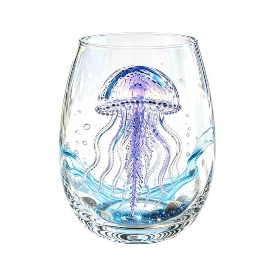 Clear Glass Cups for Party Stemless Wine Glasses with Marine Animal Pattern, 420ml Capacity, High Borosilicate Creative Gift Friends Cup, Round