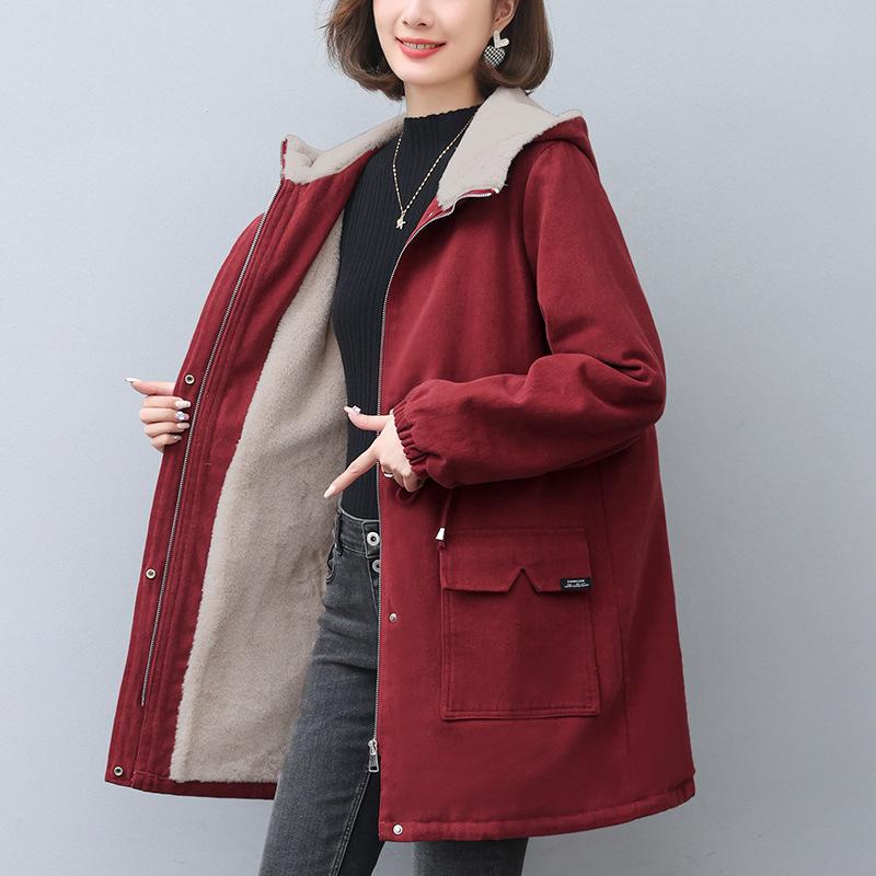 Women's 2024 Winter Fleece-Lined Parka: Mid-Length, Loose Fit, Plus Size, Thick Cotton Coat for Middle-Aged Moms