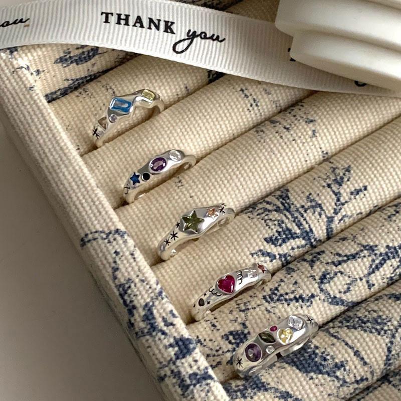 Stylish Geometric Copper Ring With Colorful Heart Zirconia For Women Adjustable Size