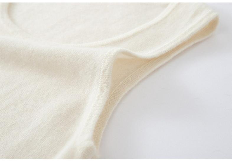 Women's Cashmere Sleeveless Camisole: Low-Neck Knit Top in Winter White, Blue, Green, Velvet, and Rice Colors.