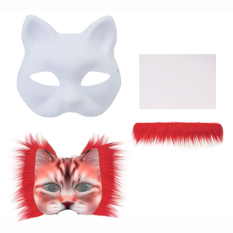Diy Blank Masks Hand-Painted Animal Fox Cat Graffiti Mask White Embryo Pulp Mask Halloween Party Half Face Mask Decoration Gifts