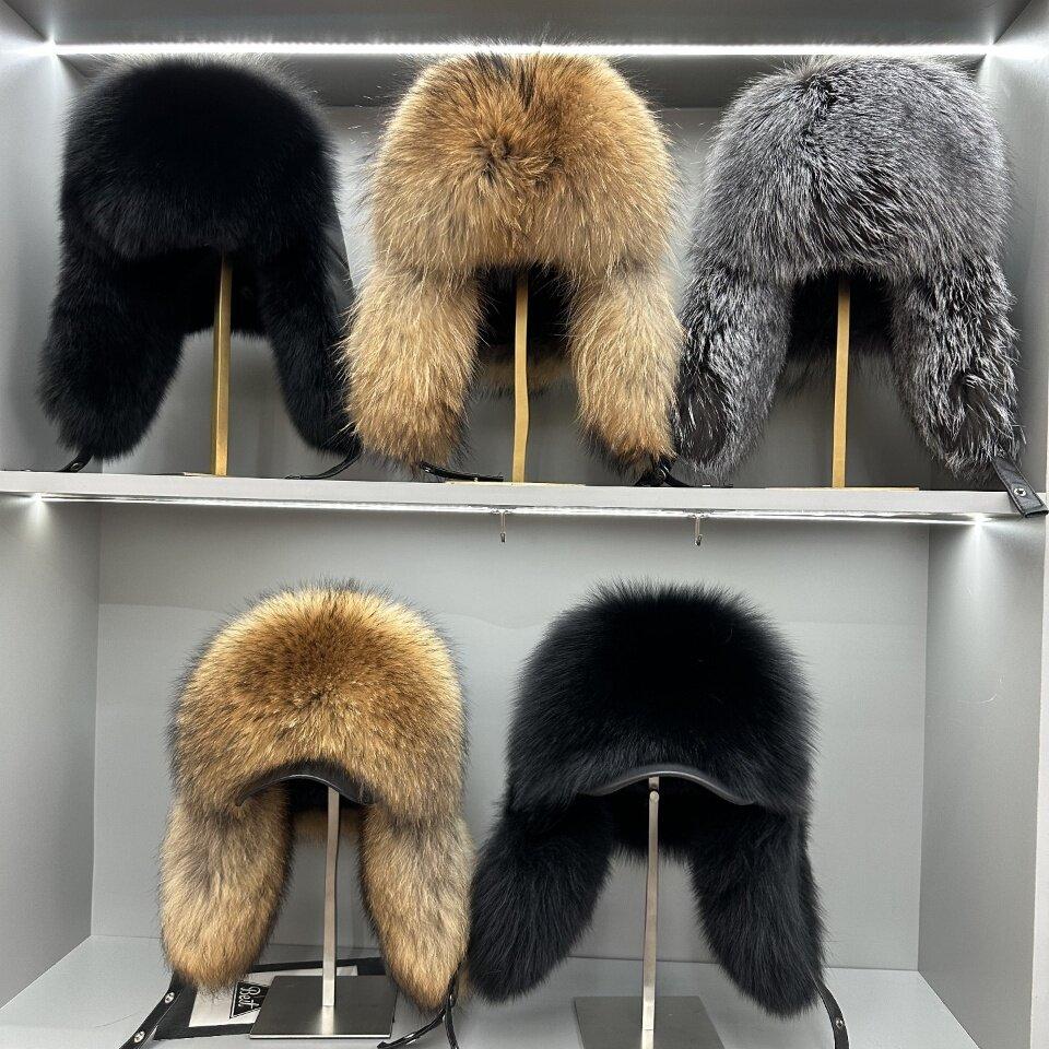 New Winter Men's 100% Real Silver Fox Fur Bomber Hat Raccoon Fur Ushanka Cap Trapper Russian Man Ski Hats Caps Real Leather