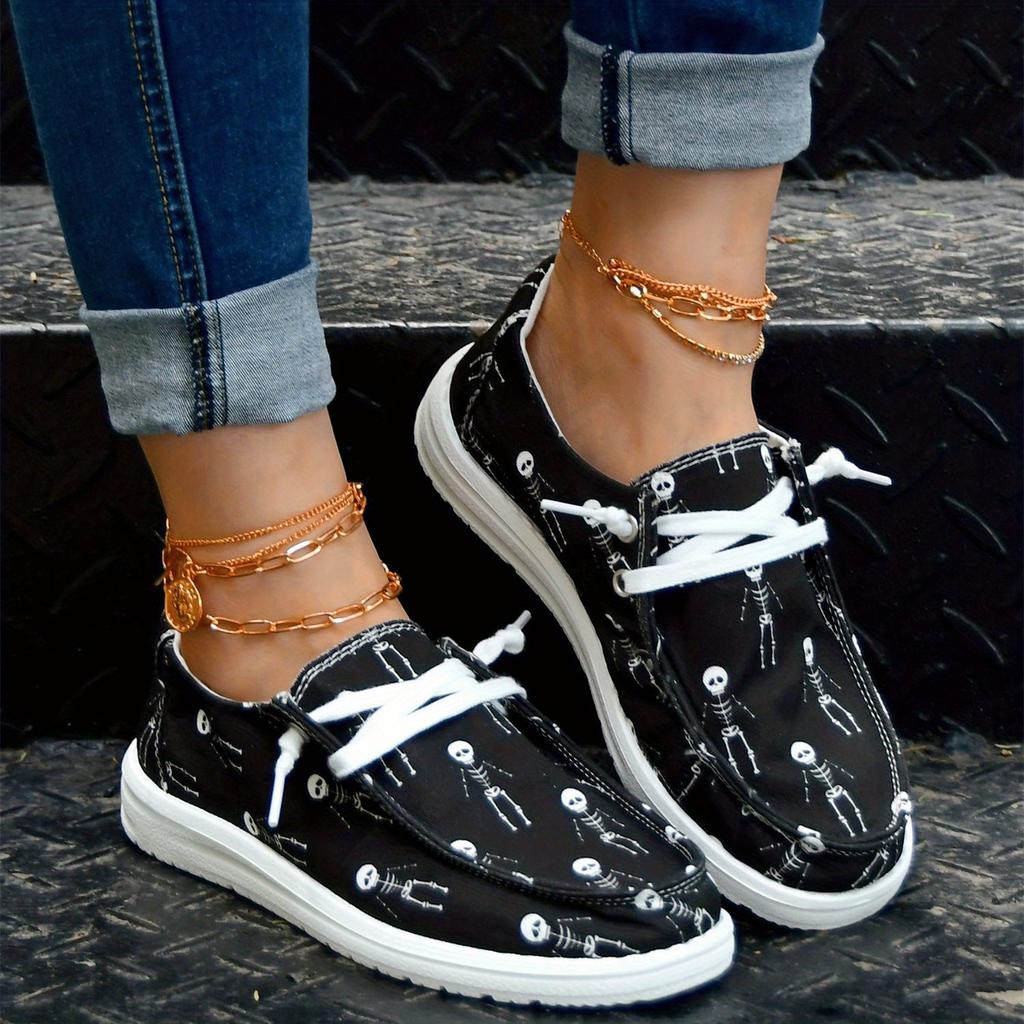 Women's Skeleton Men Print Shoes, Slip On Round Toe Low-top Non-slip Lightweight Canvas Shoes, Halloween Comfy Daily Shoes