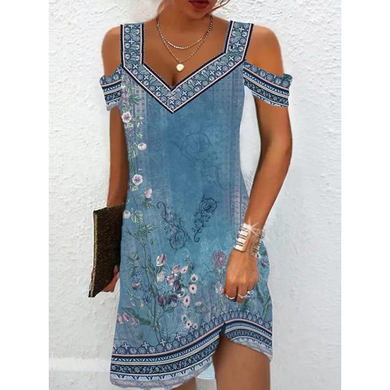 QICED Fashion Summer Spring V-Neck Short Sleeve  Casual Dresses