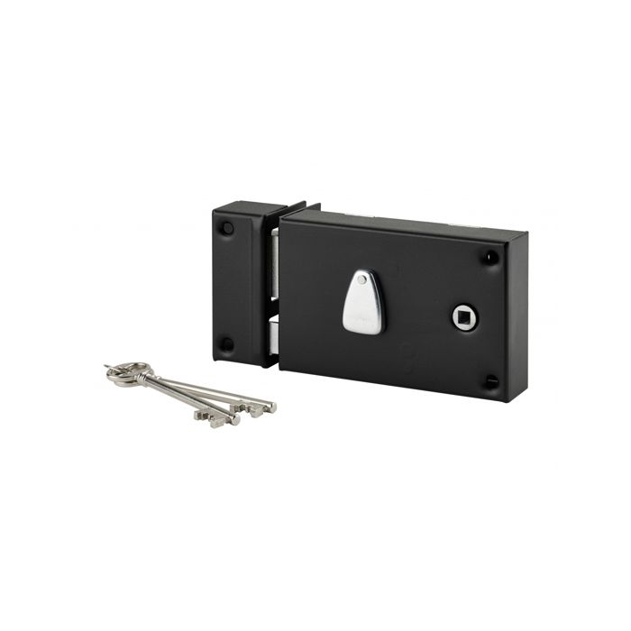Thirard - Surface-mounted Horizontal Lock 6 Pins with Spindle for Entrance, Left, 56mm Backset, 7mm Square, 140x88mm, Black, 2 Keys