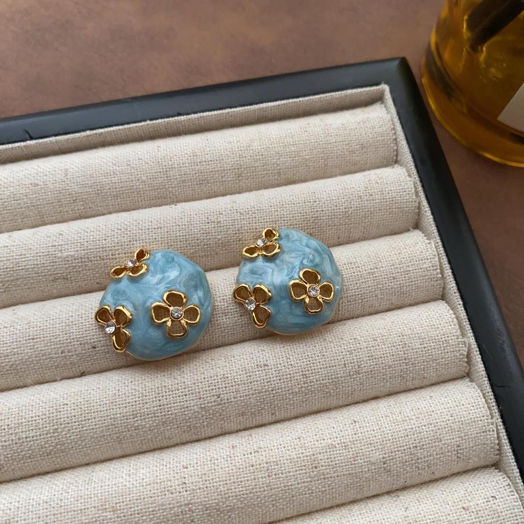 Elegant Vintage Blue Floral Enamel Dangle Earrings - Geometric Style, Blogger Recommended