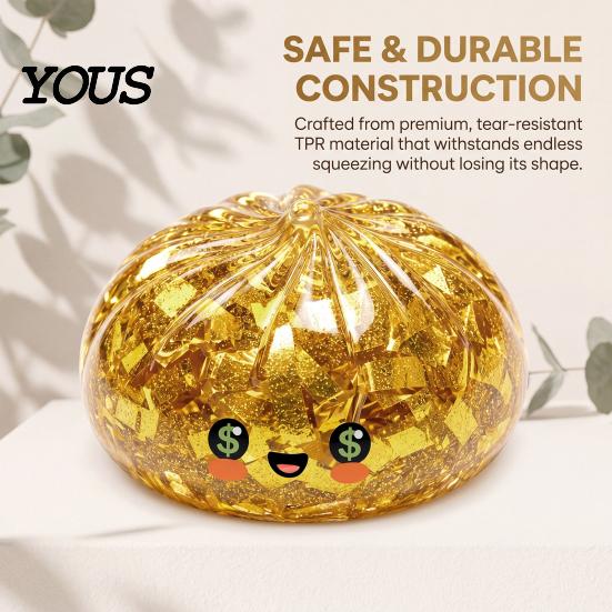 Wealth Attraction Decor Gold Foil Steamed Bun Squeeze Stress Ball, Cute Food Shape Fidget Fun Ball Toy for Anxiety Relief, Soft Elastic Maltose