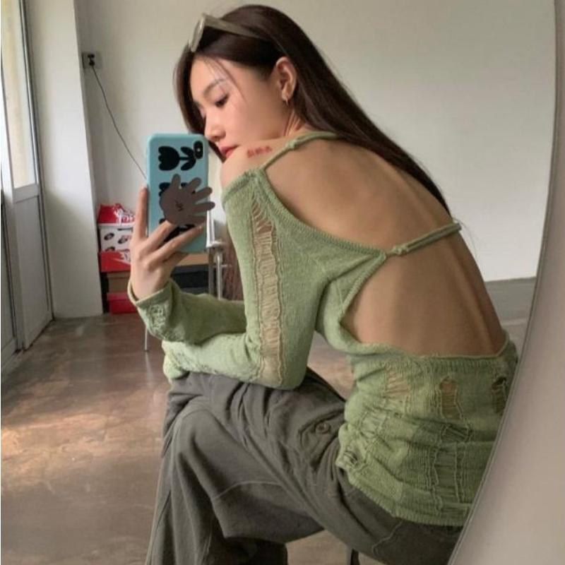 

Y2K винтажный зеленый ажурный вязаный свитер женский Harajuku сексуальный тонкий пуловер с открытой спиной модный повседневный тонкий джемпер топы XL зелёный