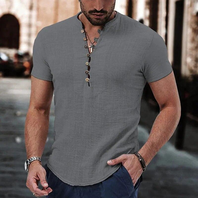 Nova Camiseta Masculina de Manga Curta com Botões Camisa de Algodão Linho Roupas Casuais Masculinas Tops Populares para Homens