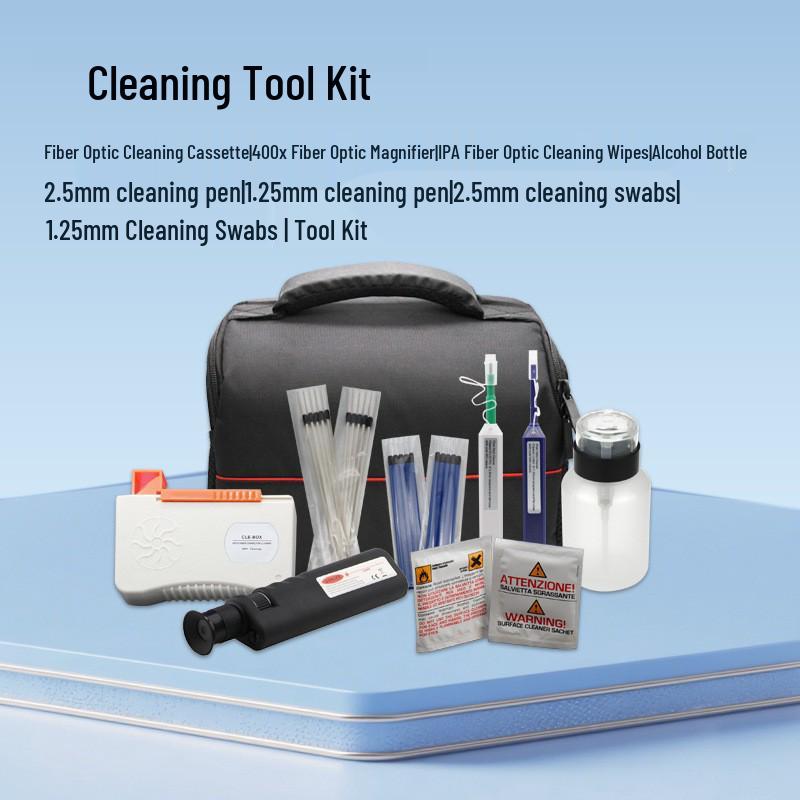 Fiber Optic Cleaning Kit: Swabs, Tape, Pen, Wipes, Solution Bottle.