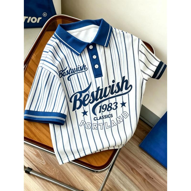 Amerikanisches Herren Sommer Retro 1983 Gestreiftes Buchstabenprint Bequemes Atmungsaktives Polo Kurzarm T-Shirt Outdoor Lässiges Oberteil