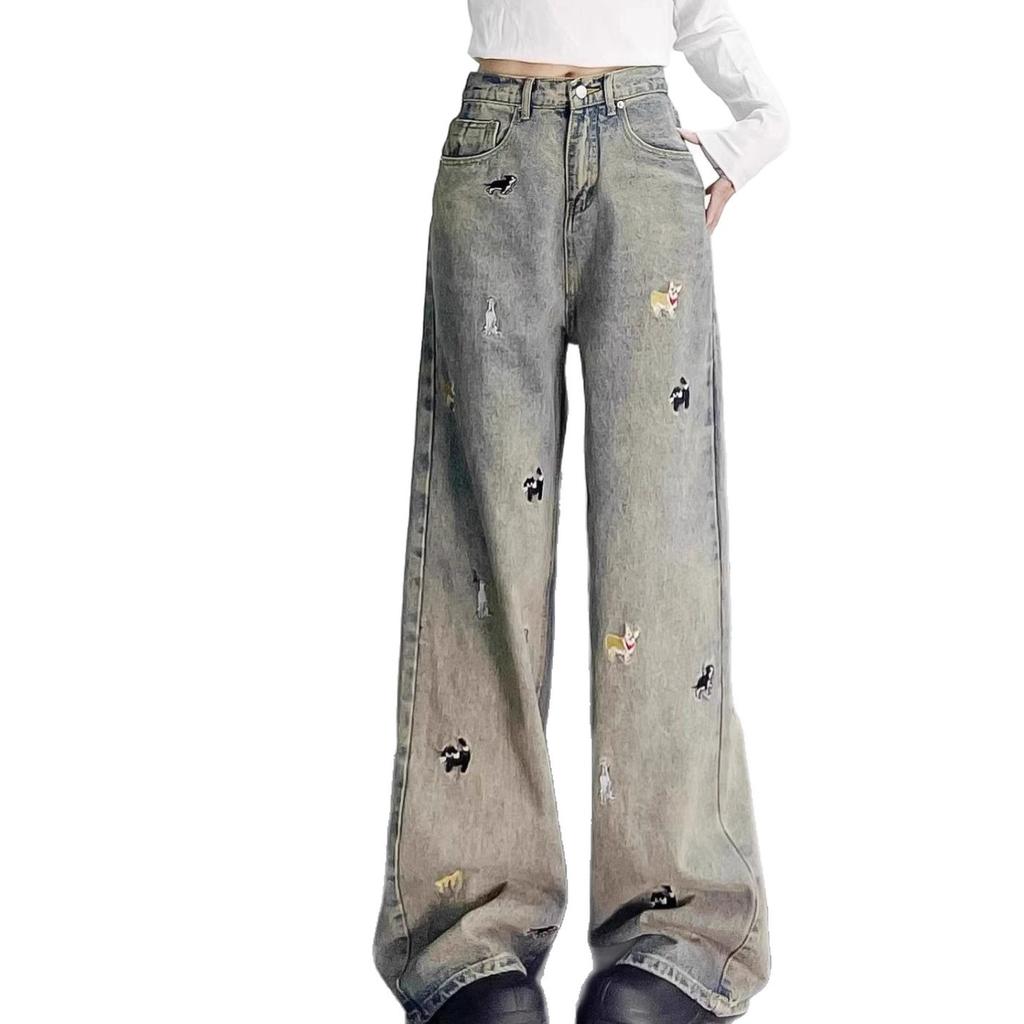 Comfortable Embroidered Puppy Dog Fun Jeans Women's Autumn Big Yards High-waisted Straight Loose Wide-legged Trousers Jeans for Women Long Denim Pants