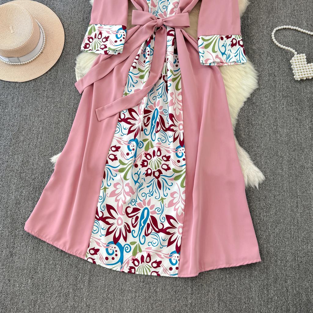 Podzimní Vintage Dámské Tištěné Patchworkové Dlouhé Šaty Elegantní O-Výstřih Vysoký Pas A-Linie Ležérní Maxi Šaty Dámské Sváteční Šaty