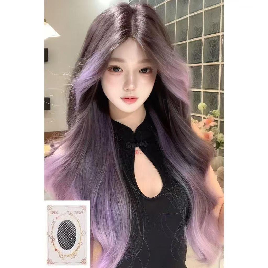 Sweet Purple Ombre Wig for Women: Long, Fluffy, Middle-Part, Natural Look, Elegant Daily Fashion, Full Head Coverage.