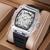 Fashionable Casual Men's Watch Luminous Calendar Function Silicone Strap Tonneau Shaped Transparent Case Men Quartz Watch Reloj