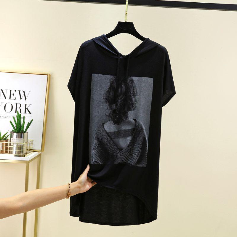 

Модальная футболка с капюшоном и принтом, с короткими рукавами, женская, летняя, больших размеров, самая простая в сочетании с топами, повседневная, минималистичная, тонкая, для ношения под низ Black Free size (recommendation 45.00 kg-80.00 kg