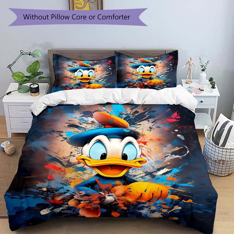 3pcs Graffiti Donald Duck Cartoon Design Printed Quilt Set, Includes 1 Quilt Cover and 2 Pillowcases, Machine Washable, Suitable for All Sea