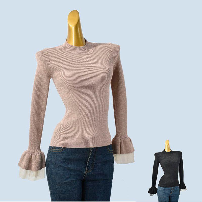 Horn Ruffle Sleeve Chiffon Patchwork Cann Flash Silk Women's Half Turtleneck Base Knitting Women's Fall and Winter Slim Fit Slimming Top