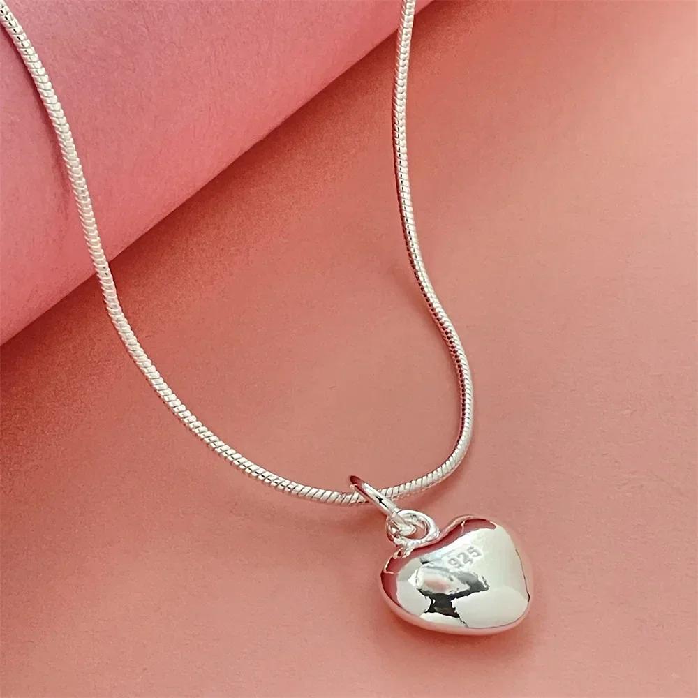 Delicate 925 Silver Heart Pendant Necklace with Snake Chain for Women