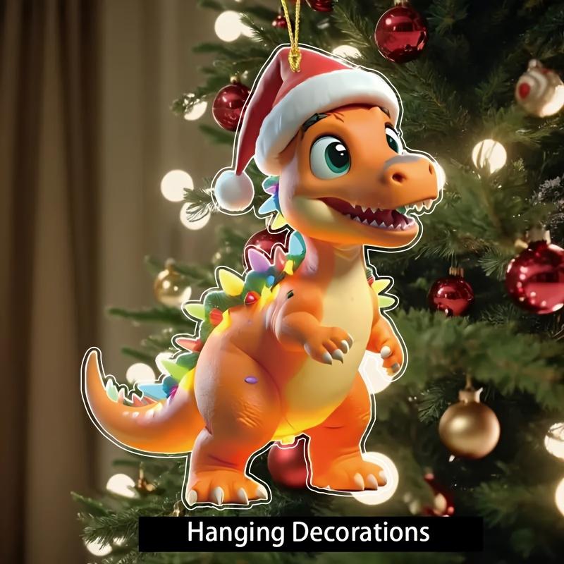 2-teilige Fantasy Dinosaurier Acryl Weihnachtsbaumschmuck Weihnachtsmütze - Feiertags-Feiertagsanhänger für Weihnachten und alle Anlässe