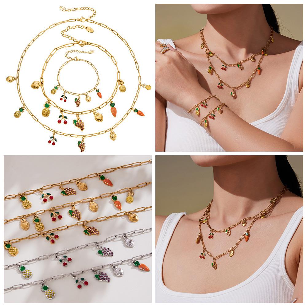 Qiong Yao Juicy Fruit Multi-Pendant Jewelry: 18K Gold Plated Bracelet, Necklace, Anklet