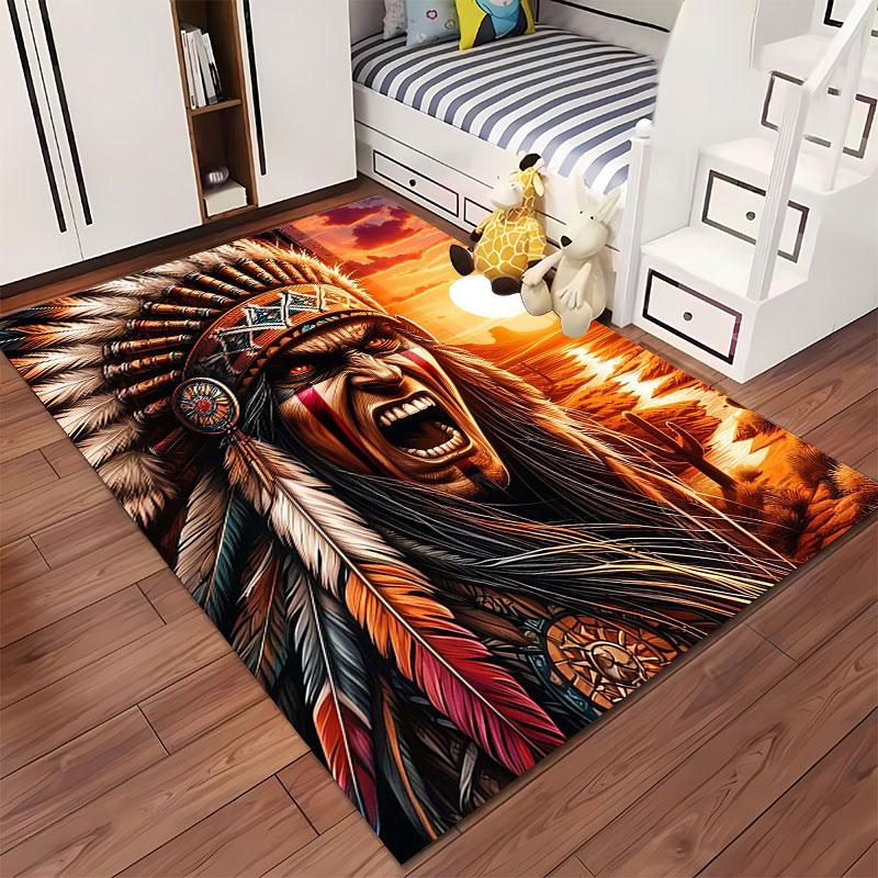 Native Warrior Sunset Design Suitable As a Non-slip Mat for the Living Room or Bedroom Sofa