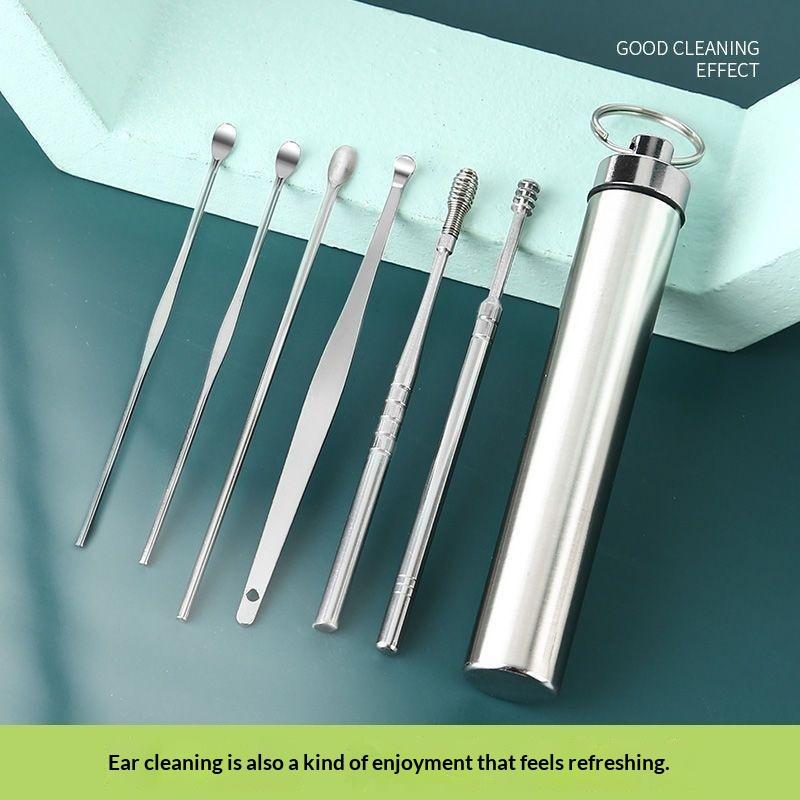 6Pcs Portable Ear Pick Set Stainless Steel Ear Wax Remover Tools with Non-slip Handle for Daily Ear Cleaning Use
