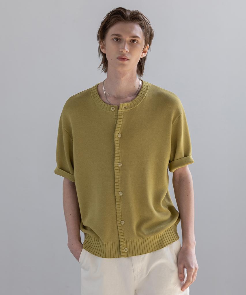 Dekkoloso Panel Rib Short Sleeve Summer Round Cardigan [Green]